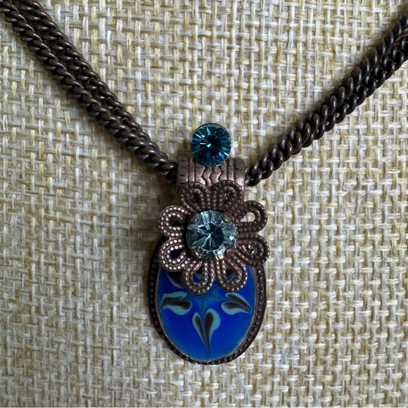 Les Gens Du Sud Blue and Brown Pendant Necklace Antiqued Paris Beautiful 17” - Picture 3 of 11